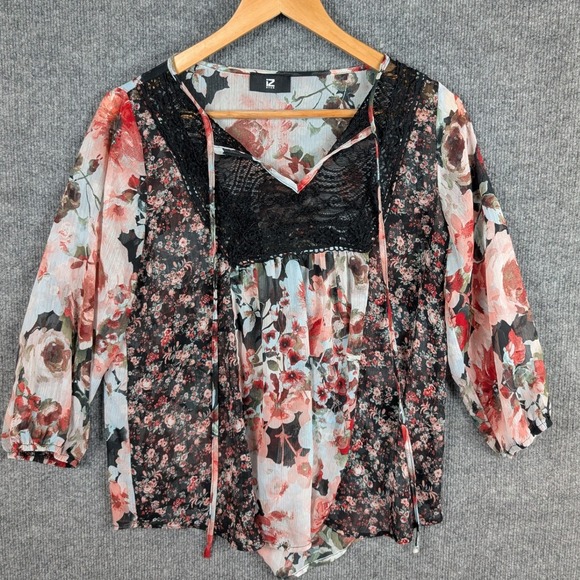 Iz Byer Tops - IZ Byer M Floral Lace Too Blouse Sheer 3/4 Sleeve Black Top Peasant Boho Flowy
